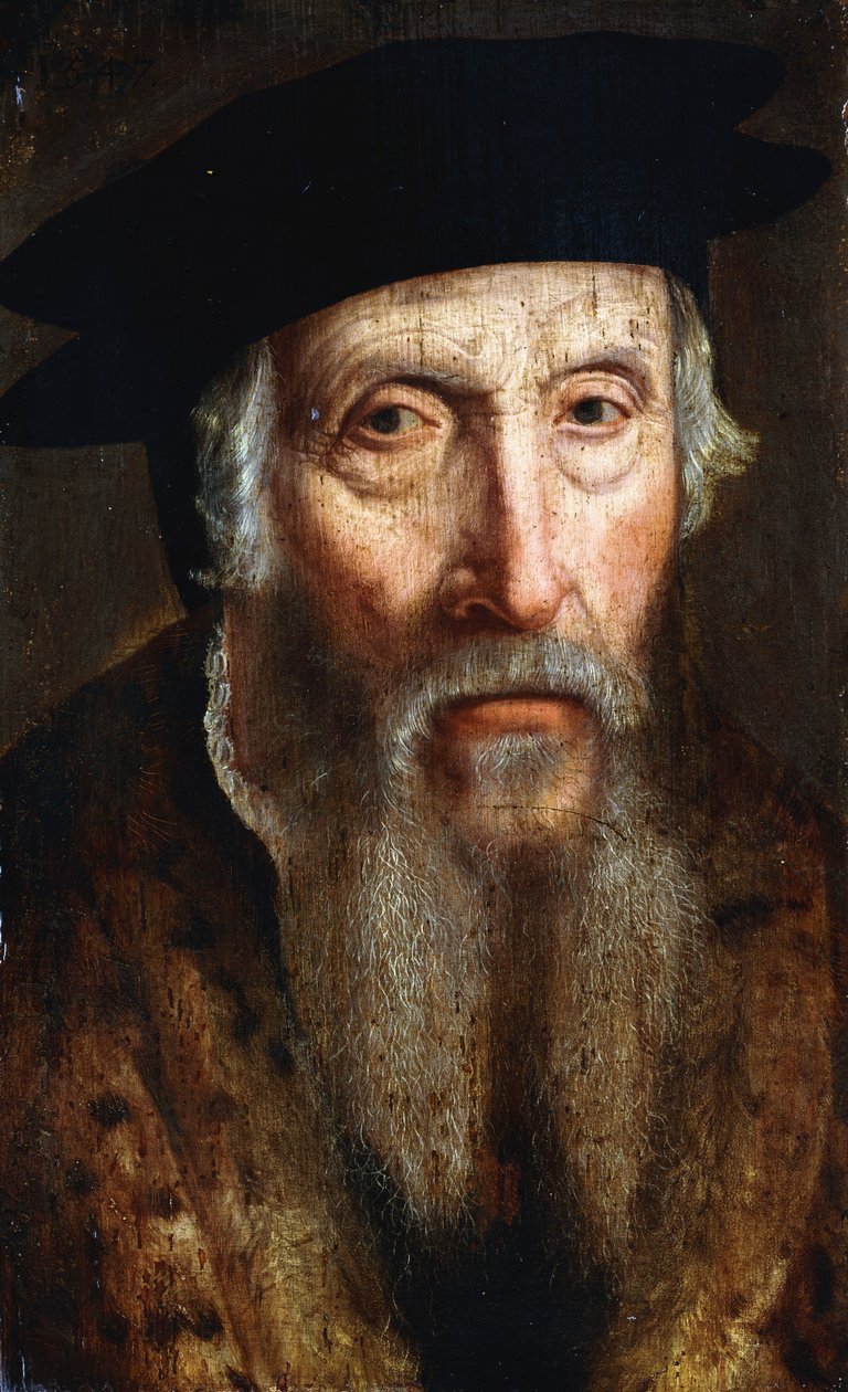 Portrett av en skjeggete mann, bystelengde, i en pelstrimmet frakk og svart hatt, ca. 1547 av John Bettes