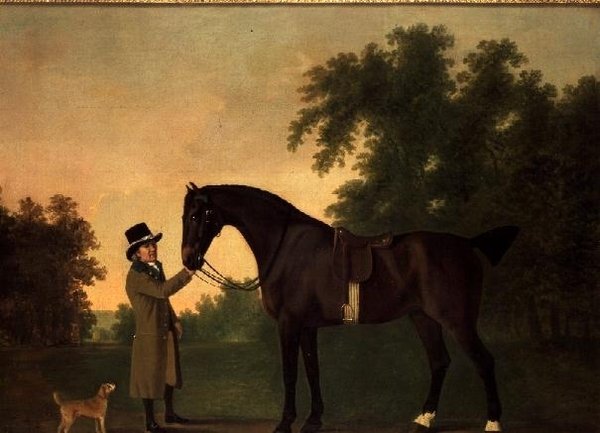 Portrett av Edward Wilmot Esq med Bay Hunter og Terrier i Stubton Park av John Boultbee