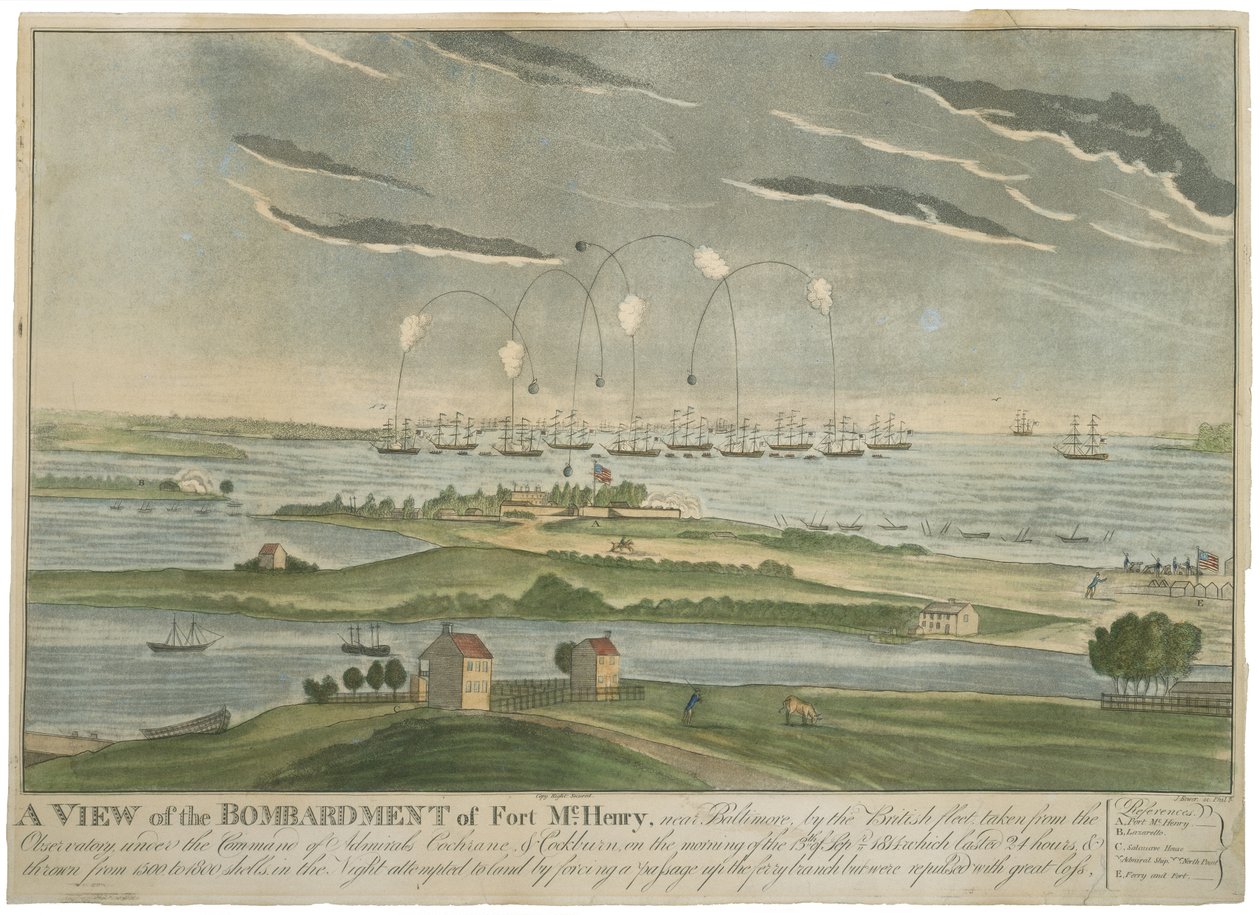 En utsikt over bombardementet av Fort McHenry, ca. 1815 (håndfarget akvatint på vevd papir) av John Bower