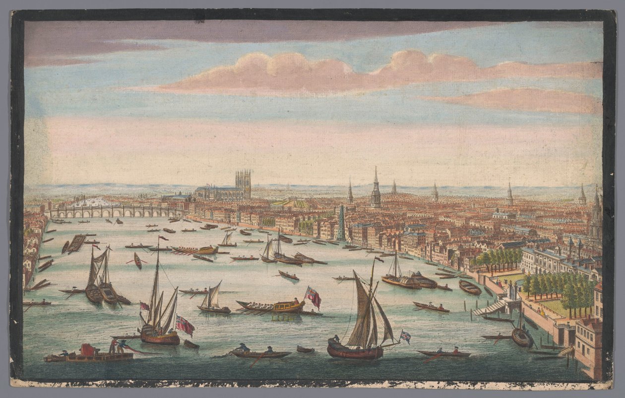 Utsikt over Themsen og City of London fra nordvest Sørøst-prospektet til Westminster fra Somerset House til Westminster Bridge (tittel på objekt) av John Bowles