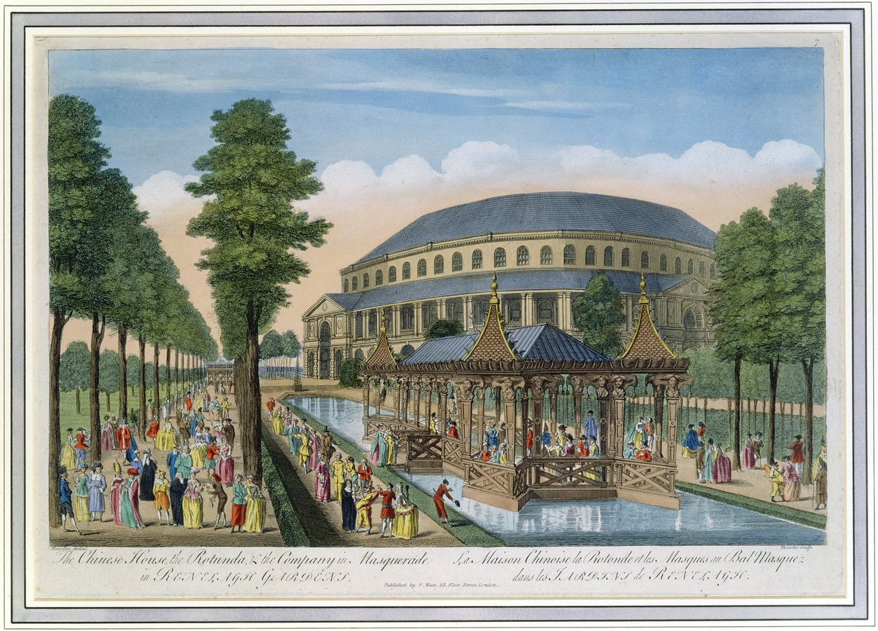 Det kinesiske huset, rotunden og selskapet i Masquerade i Ranelagh Gardens (farget akvatint) av John Bowles