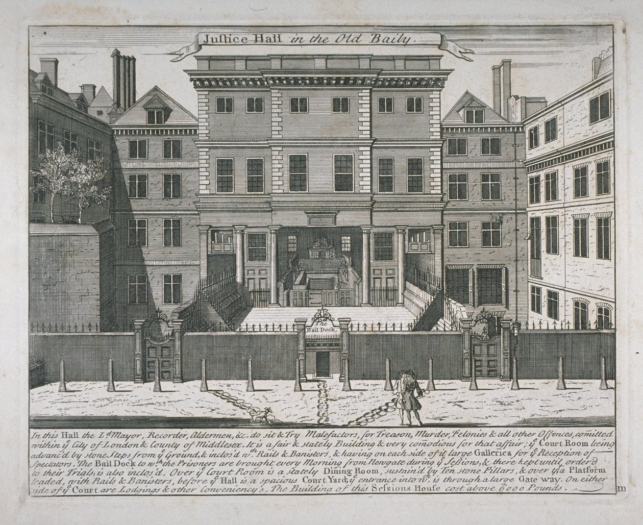 Utsikt over Justice Hall, Old Bailey, ca. 1740 av John Bowles