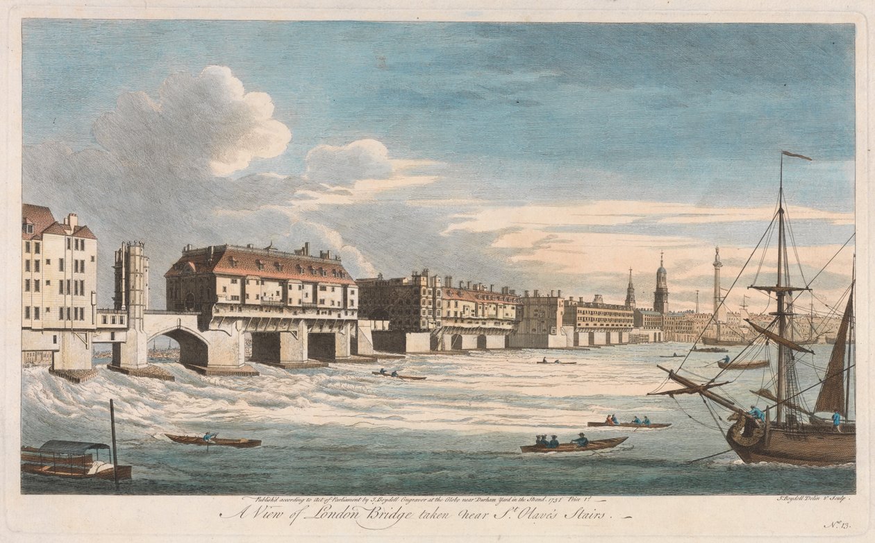 Utsikt over London Bridge sett nær St. Olaves trapper av John Boydell