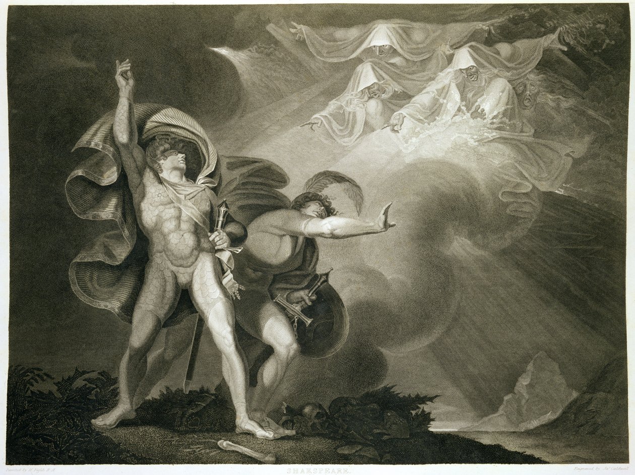 Macbeth, Banquo and the Three Witches on the Heath i akt I, Scene III av Macbeth av William Shakespeare (1564-1616) publisert 1805 av John Boydell