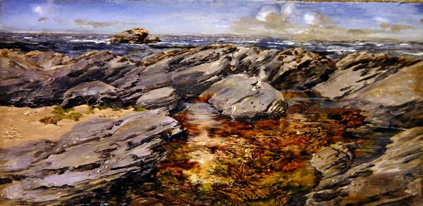 Rocks on the Foreshore (olje på lerret) av John Brett