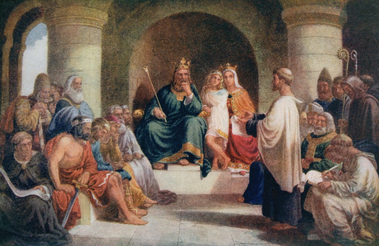 Kong Alfred (849-99) sender lovene sine til Witan, illustrasjon fra 