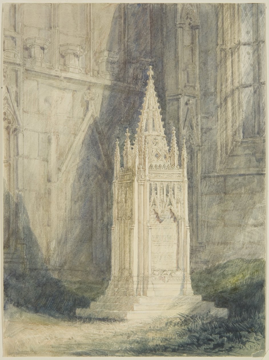 Design for Chatterton Cenotaph i St Mary Redcliffe Church (akvarell og kroppsfarge over blyant, med kritt og skraping ut, på papir) av John Britton
