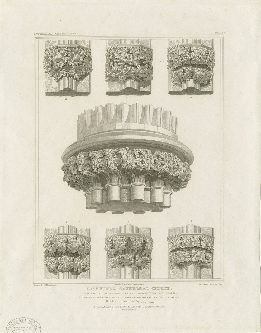 Interiør av Lichfield Cathedral - Klyngesøyle i kapittelhus og braketter i Lady Chapel: gravering, nd [c 1819] (trykk) av John Britton