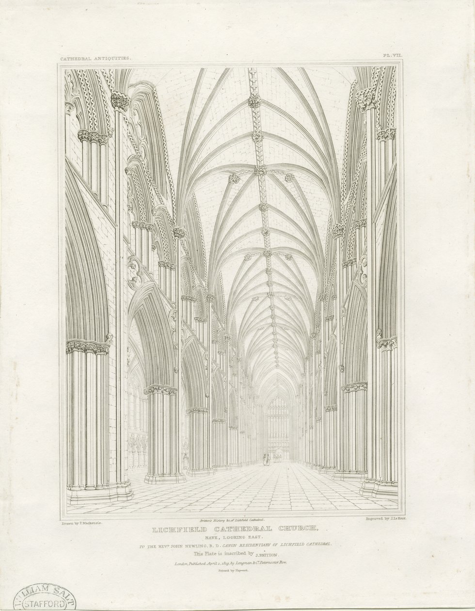 Interiør i Lichfield Cathedral - Nave: gravering, og [c 1819] (trykk) av John Britton