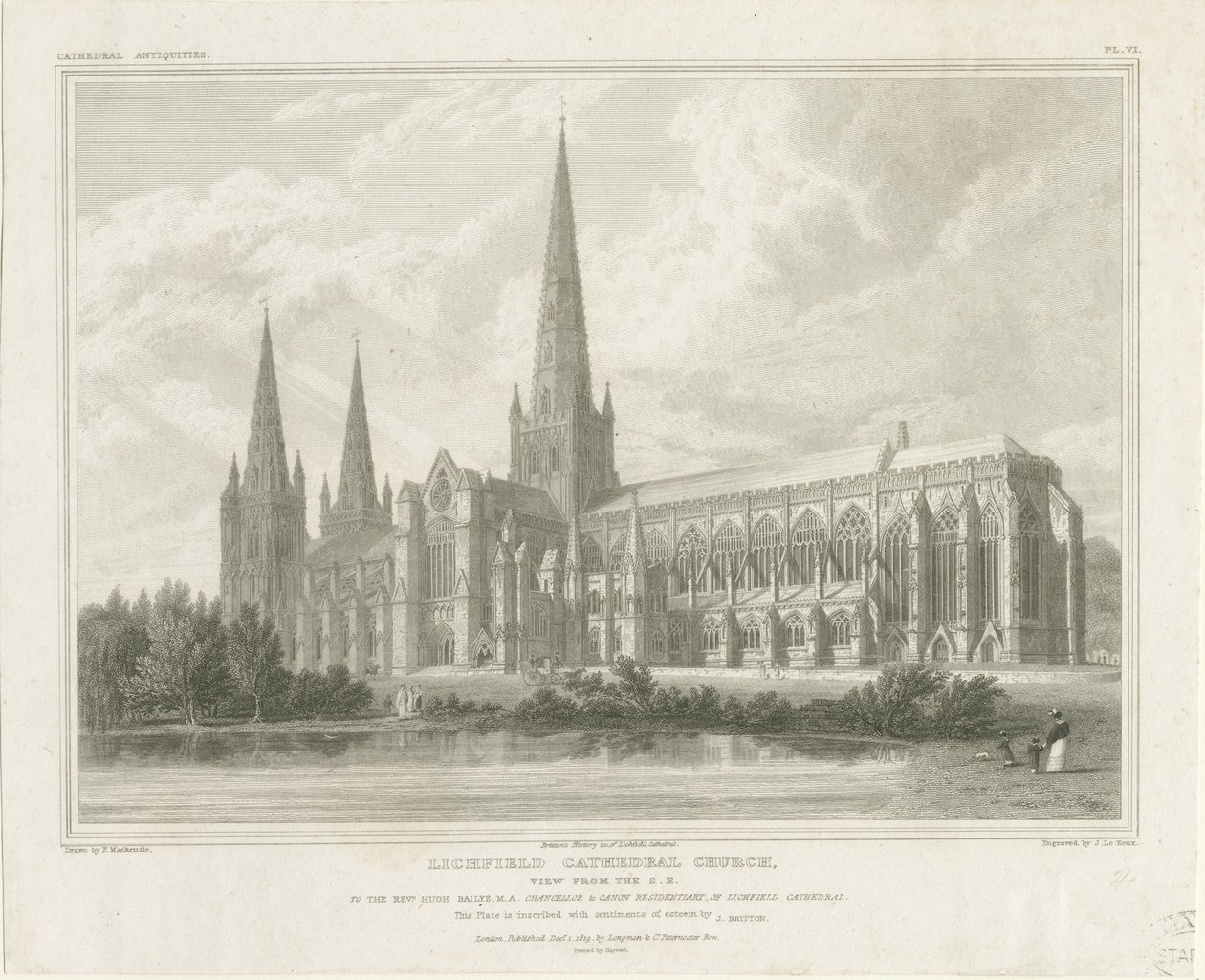 Lichfield Cathedral - South East View: gravering, nd [?1819] (trykk) av John Britton