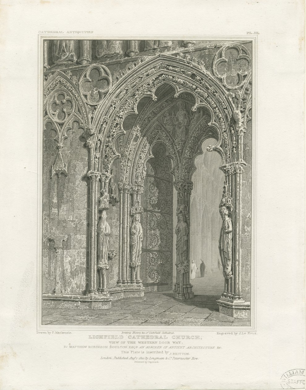 Lichfield Cathedral - West Door: gravering, og [c 1820] av John Britton