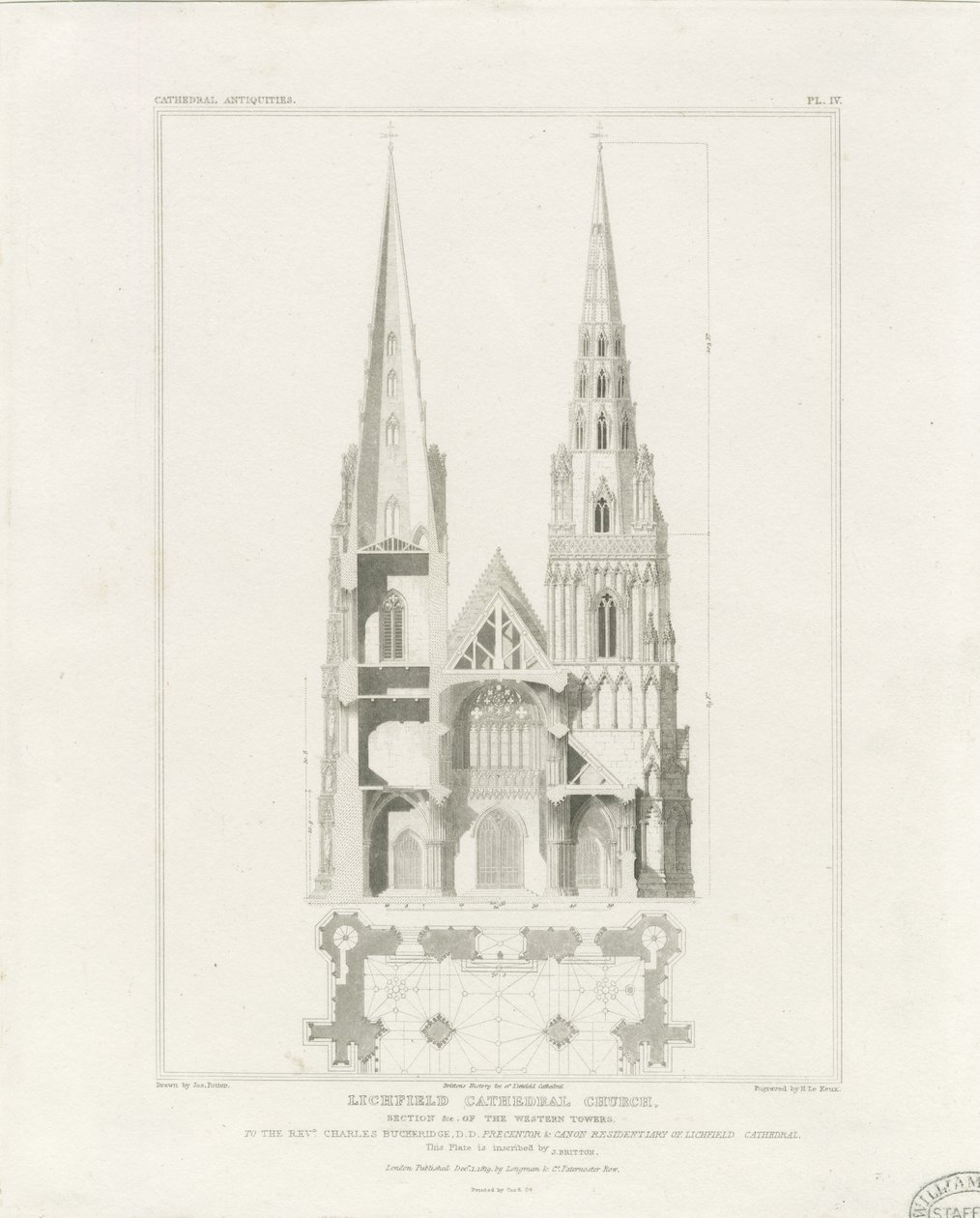Lichfield Cathedral - West Front: gravering, nd [c 1819] av John Britton
