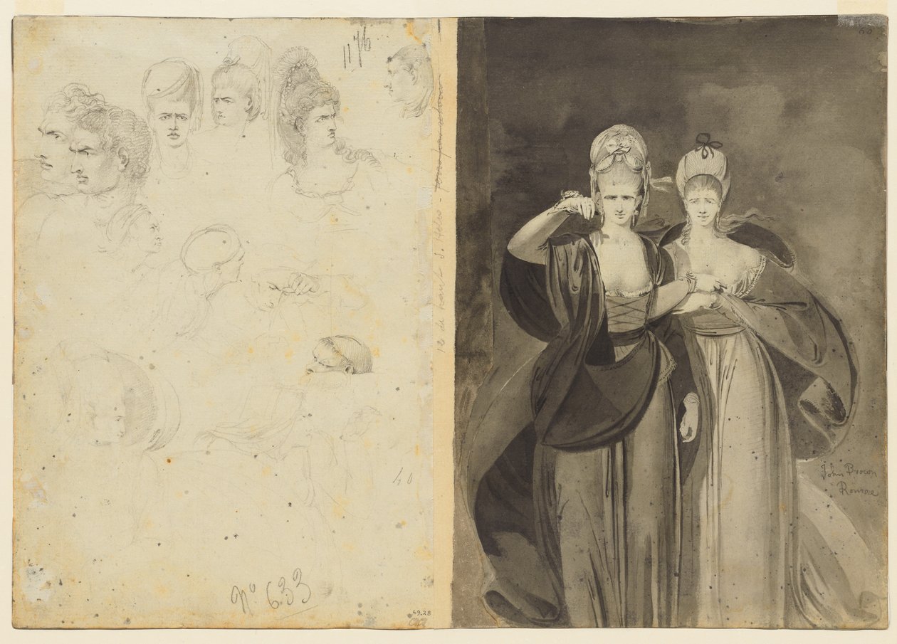 Sketches of Heads verso, venstre, Two Women verso, høyre, ca. 1770-1775. av John Brown
