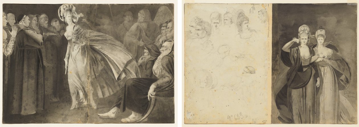 Woman Standing among the Friars (recto) Skisser av hoder (verso, venstre); To kvinner (verso, høyre) av John Brown