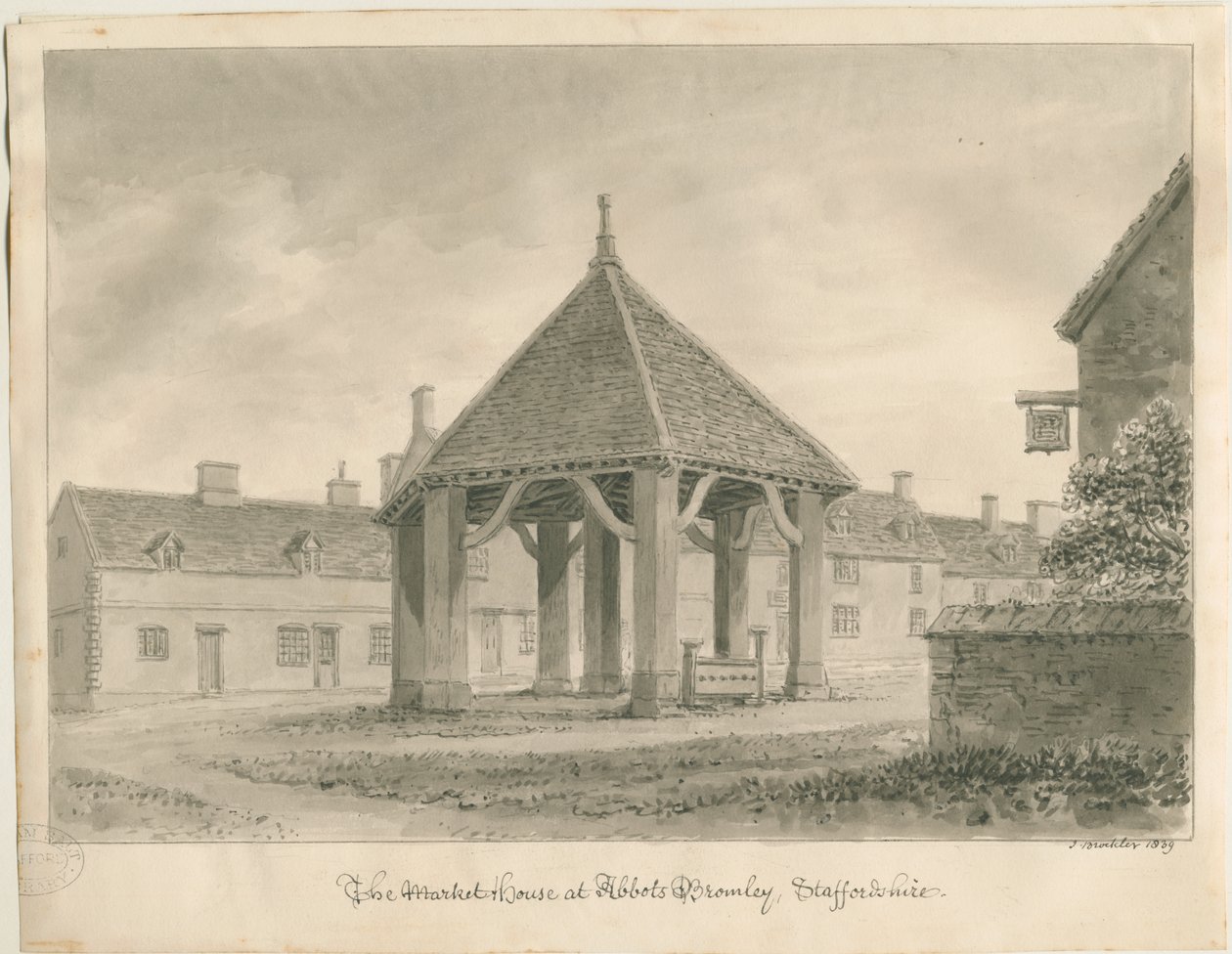 Abbots Bromley - Market House and Stocks: sepia-tegning, 1839 av John Buckler