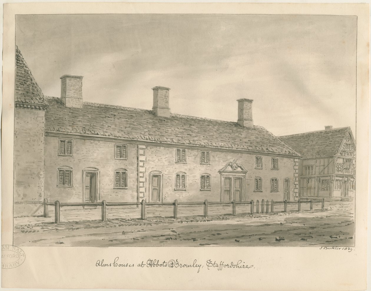 Abbots Bromley Almshouses: sepia-tegning av John Buckler