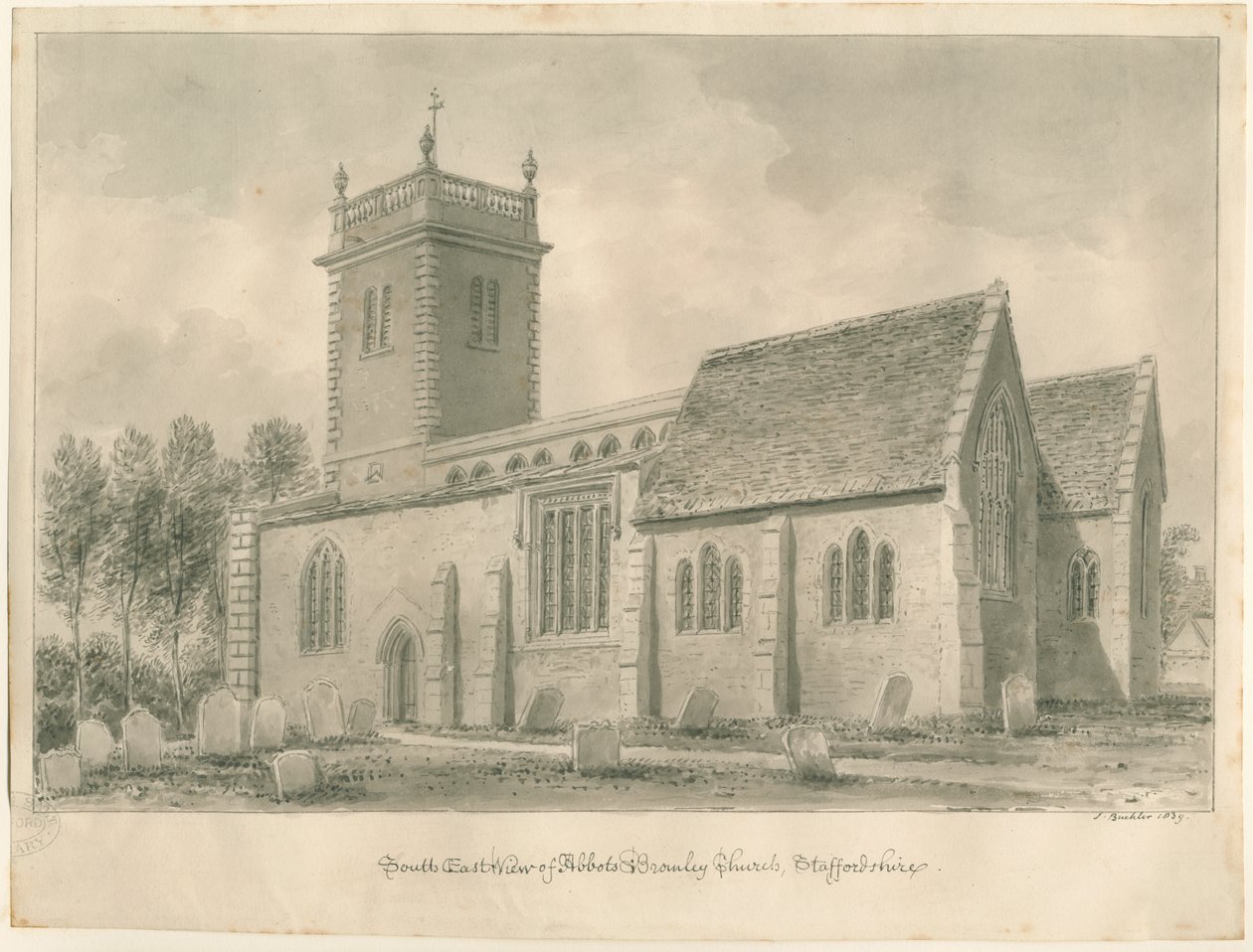 Abbots Bromley Church: sepia-tegning av John Buckler