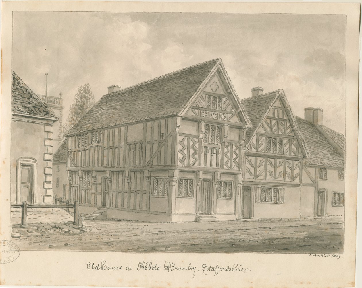 Abbots Bromley Old Houses: sepia-tegning, 1839 av John Buckler