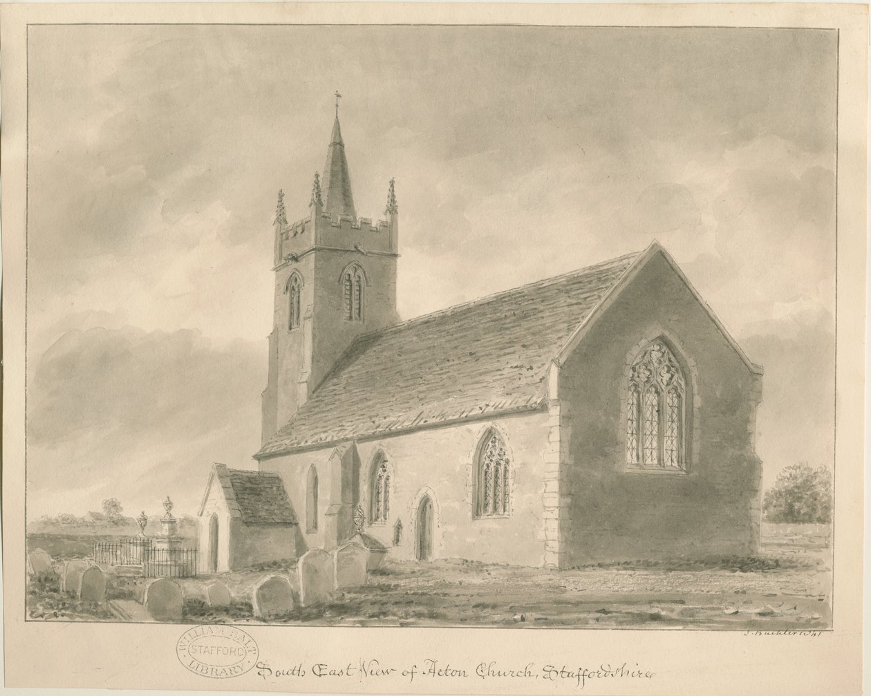 Acton Trussell Church: sepia-tegning, 1841 av John Buckler