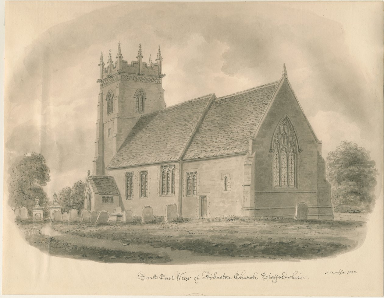 Adbaston Church: sepia-tegning, 1843 av John Buckler