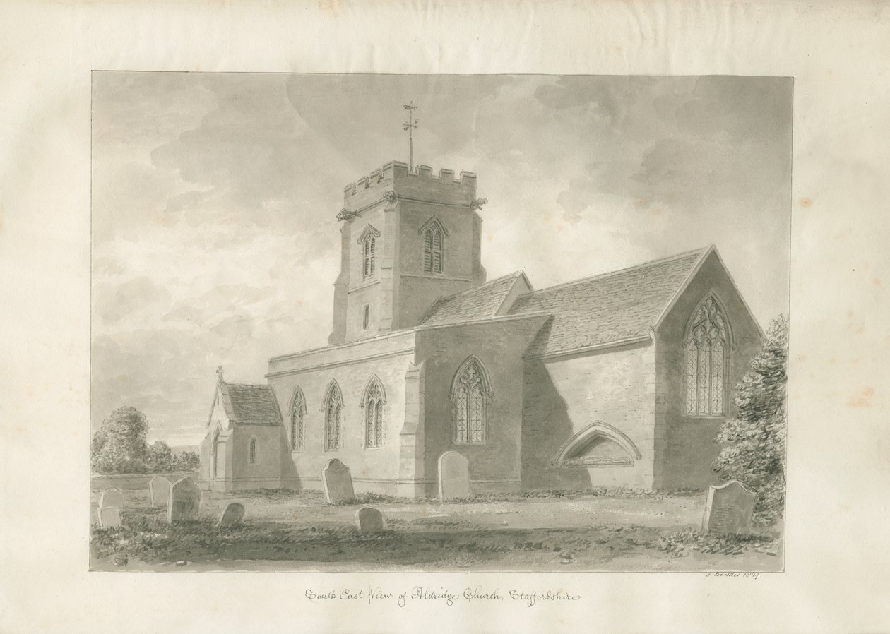 Aldridge Church: sepia-tegning, 1847 av John Buckler