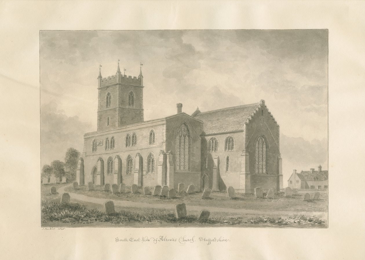 Alrewas kirke: sepia-tegning, 1848 av John Buckler