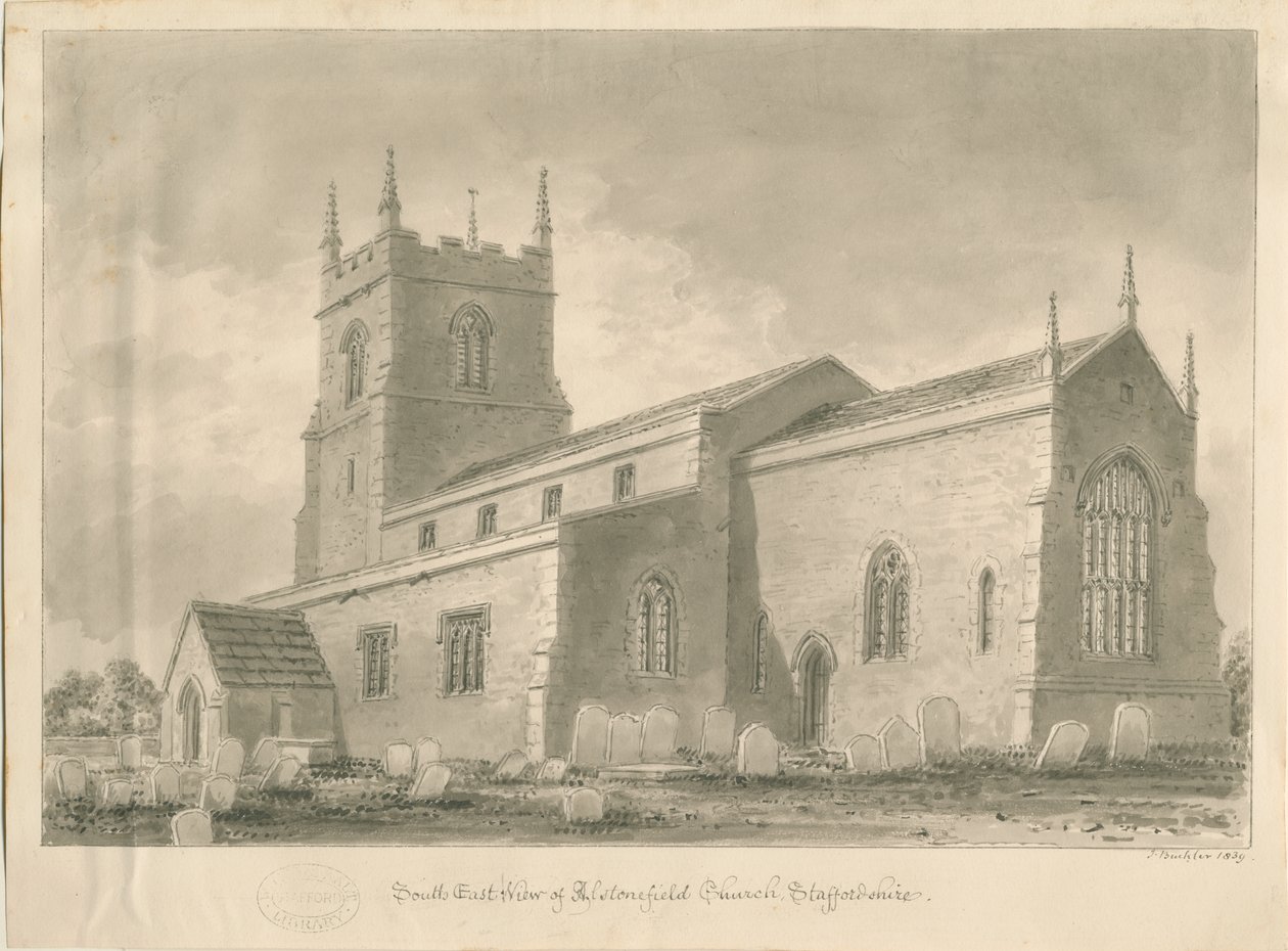 Alstonfield Church: sepia-tegning, 1839 av John Buckler