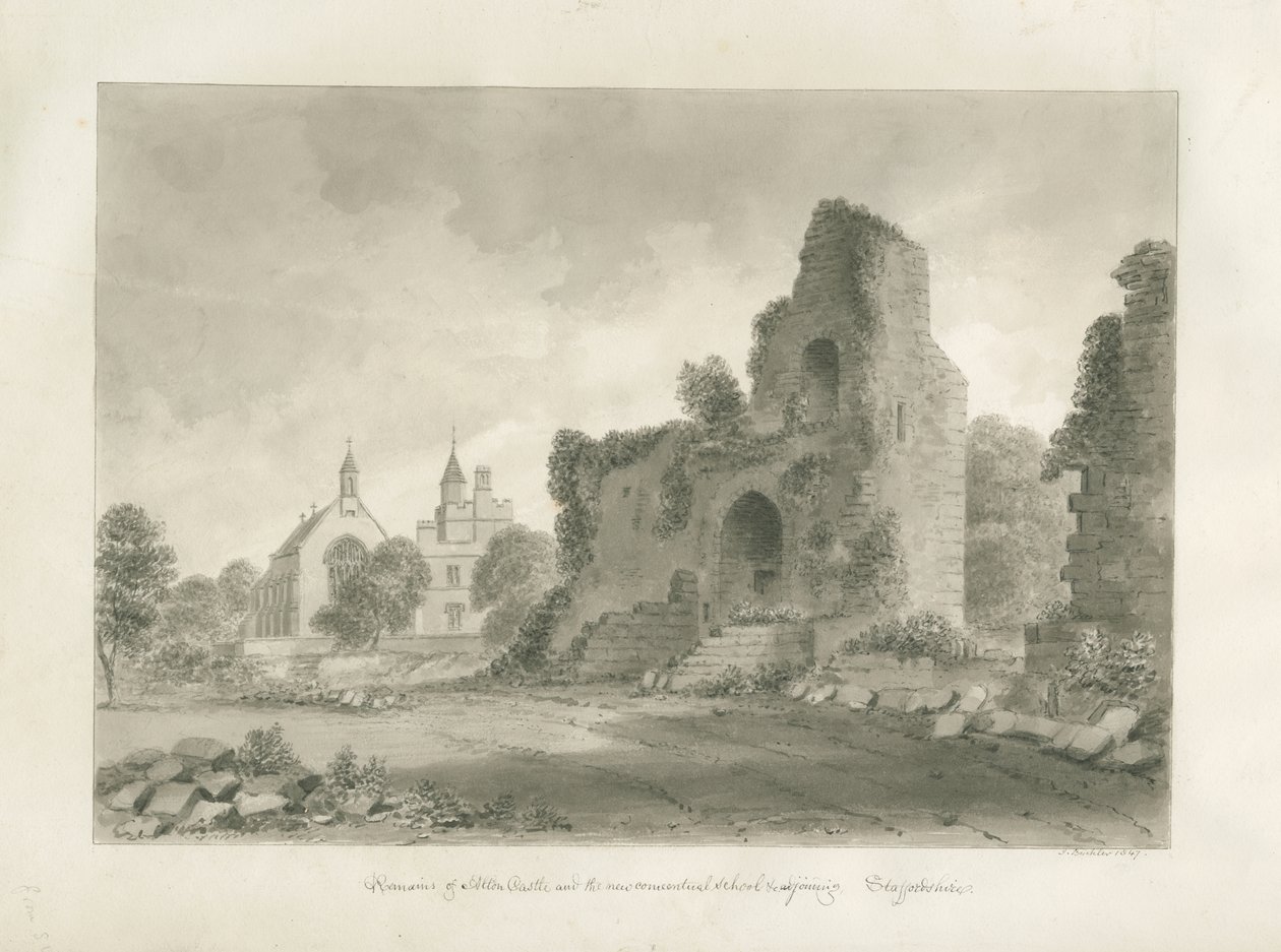 Alton Castle og "New Conventual School": sepia-tegning, 1847 av John Buckler