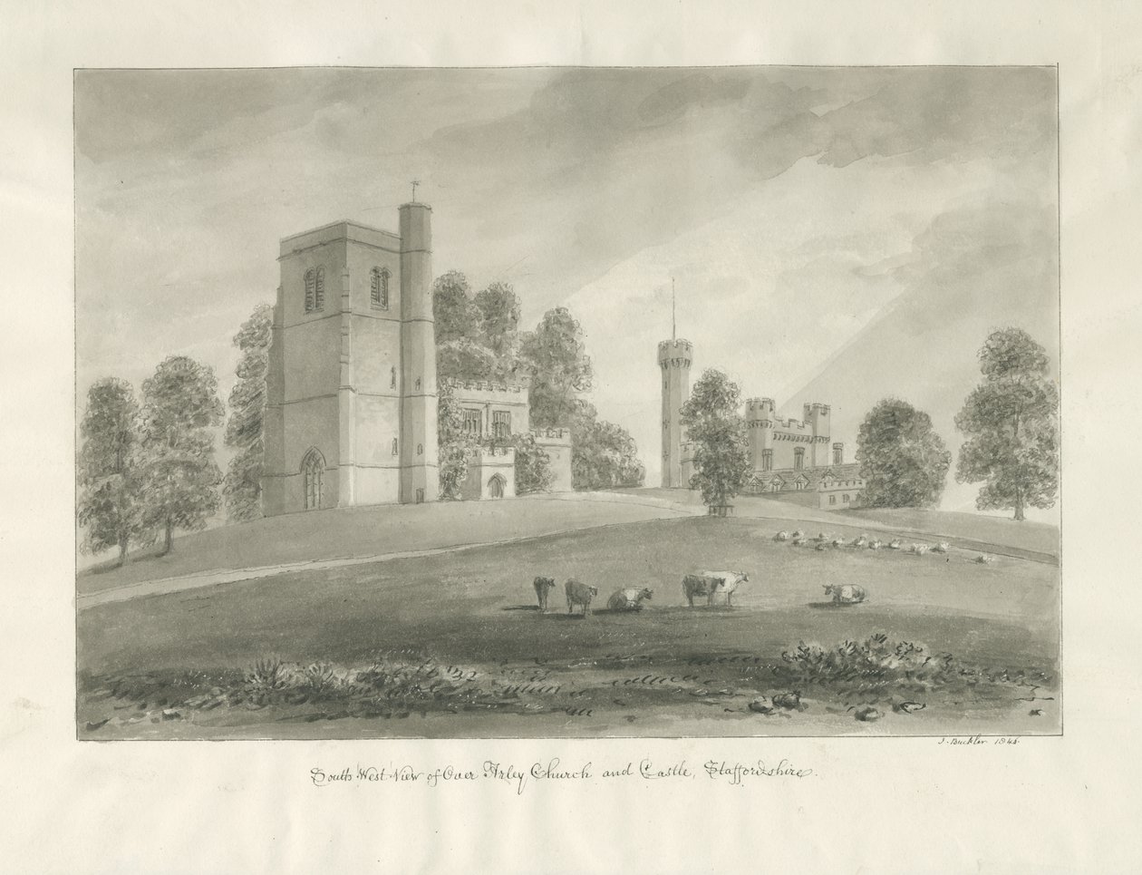 Arley kirke og slott: sepia-tegning av John Buckler