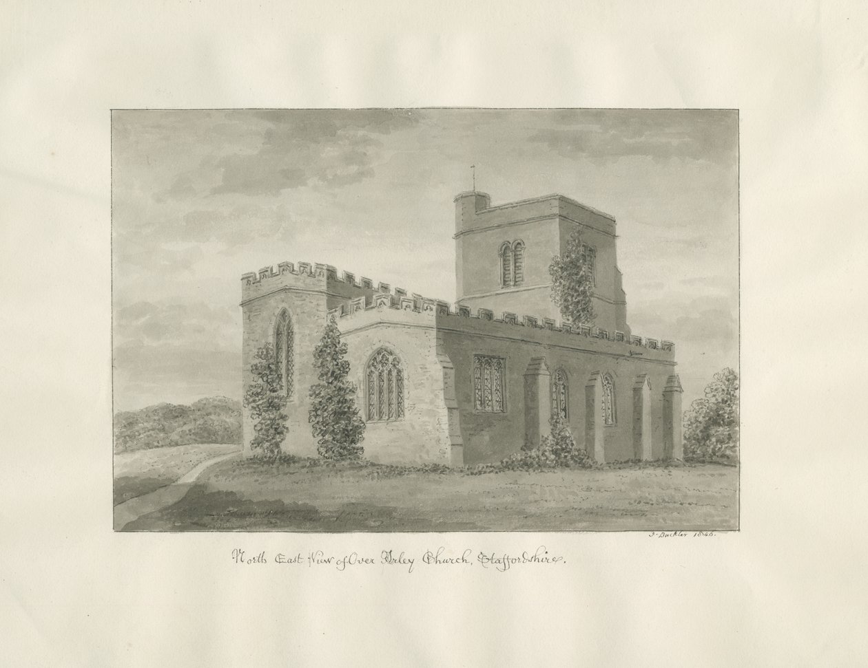 Arley Church: sepia-tegning, 1846 av John Buckler
