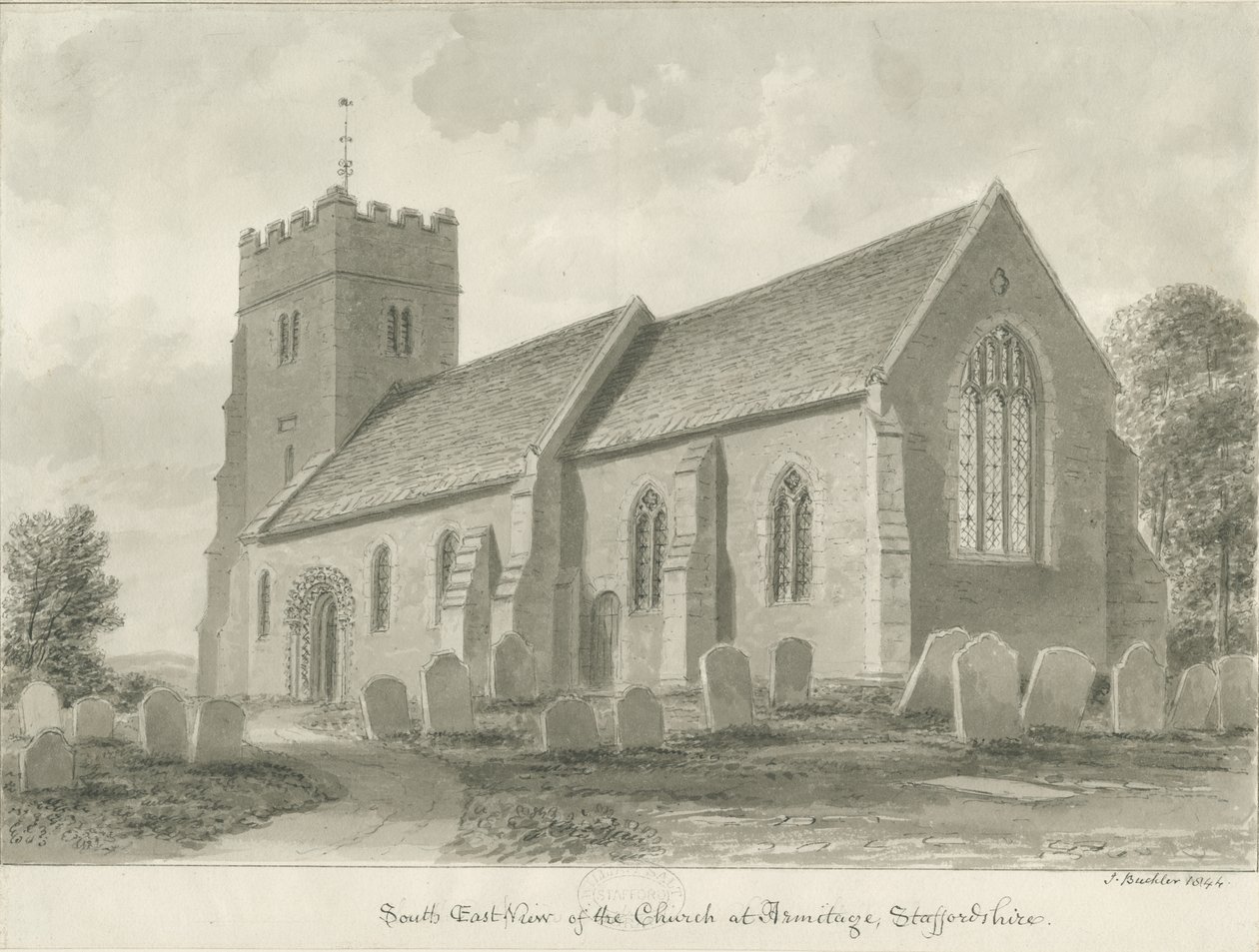 Armitage Church: sepia-tegning, 1844 av John Buckler