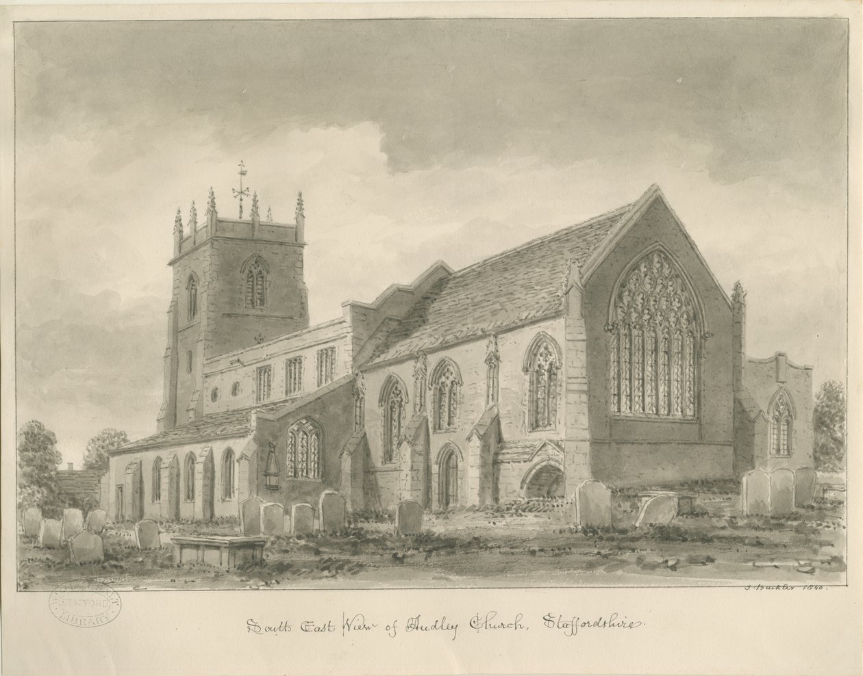 Audley Church: sepia-tegning, 1840 av John Buckler