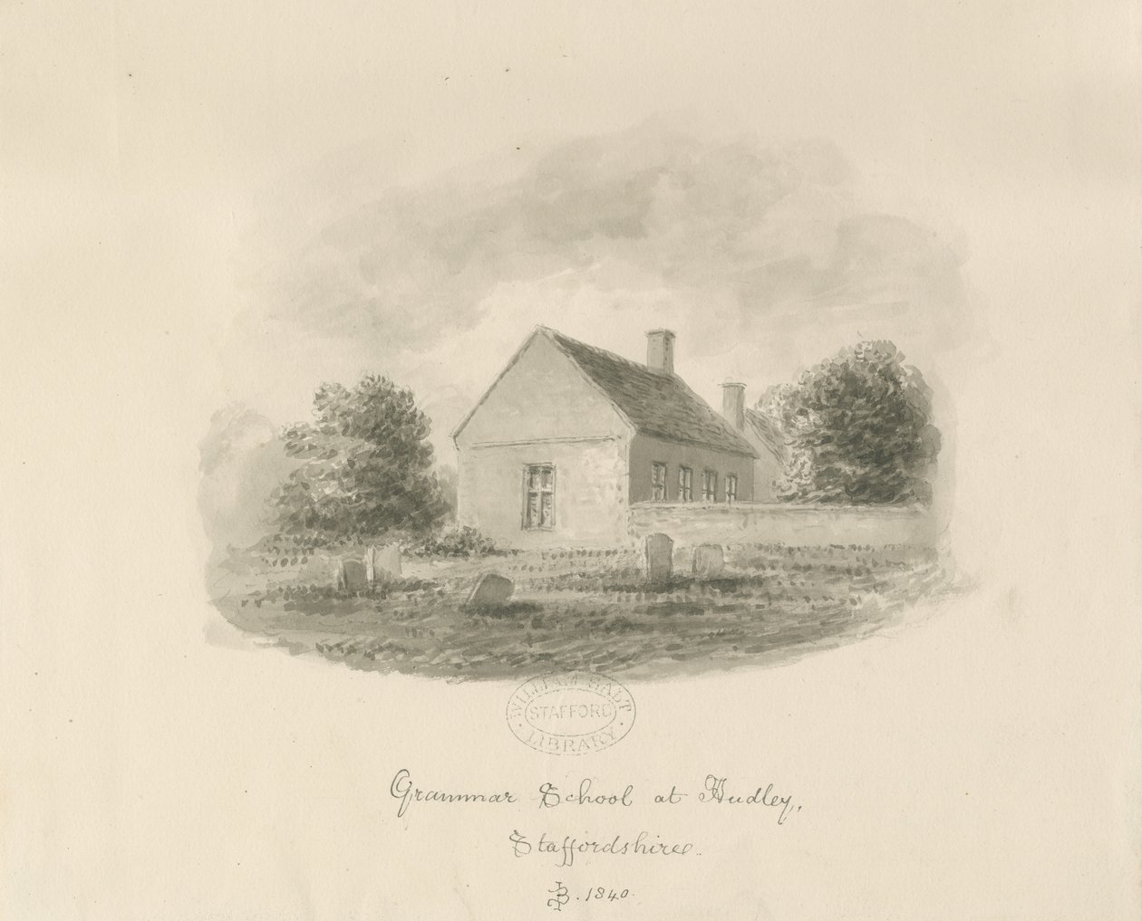 Audley Grammar School: sepia-tegning av John Buckler