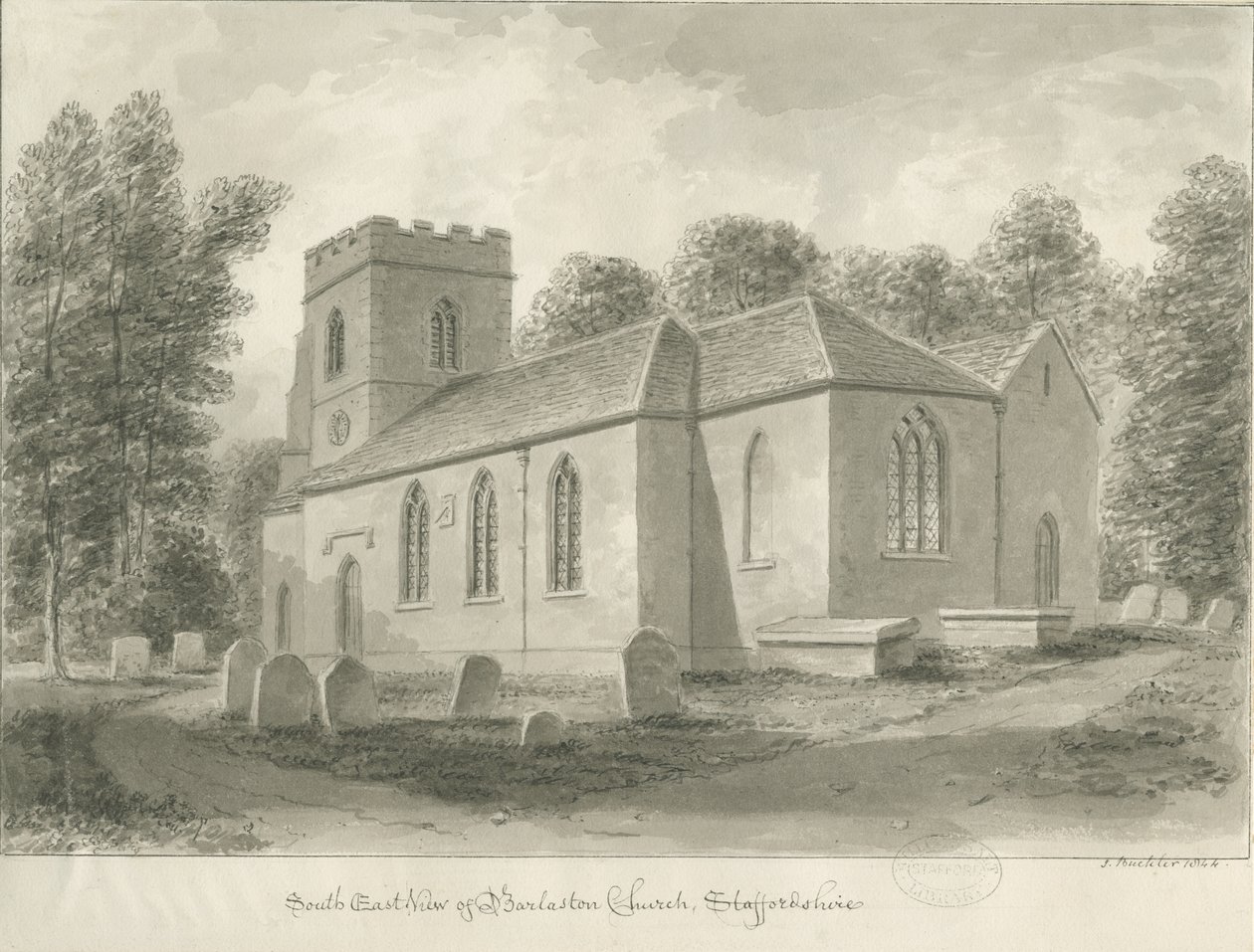 Barlaston Church: sepia-tegning, 1844 av John Buckler