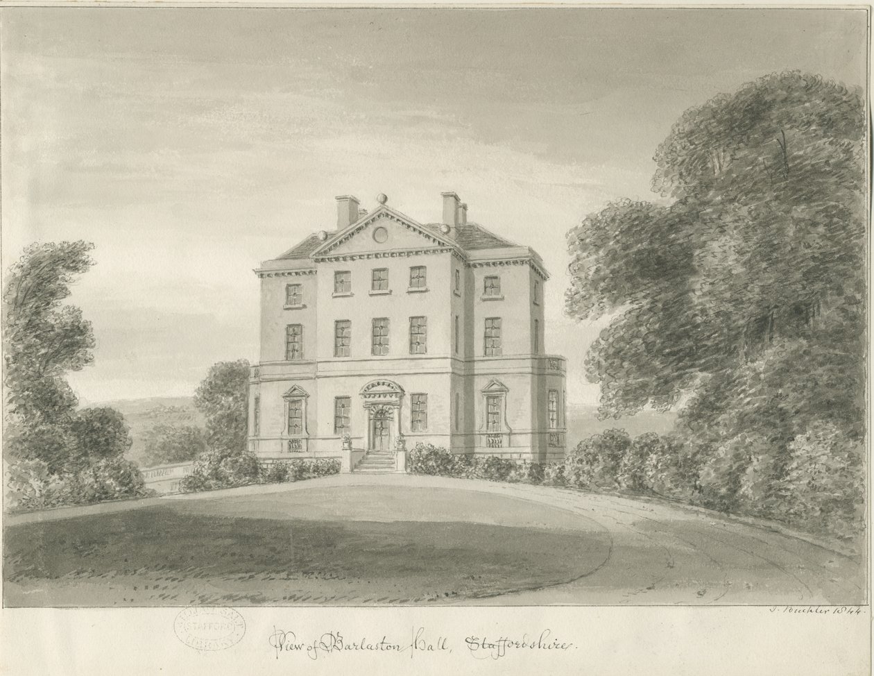 Barlaston Hall: sepia-tegning av John Buckler