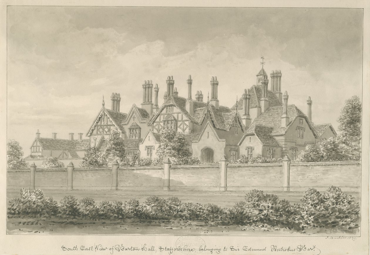 Barton under Needwood - "Barton Hall": sepia-tegning, 1839 av John Buckler