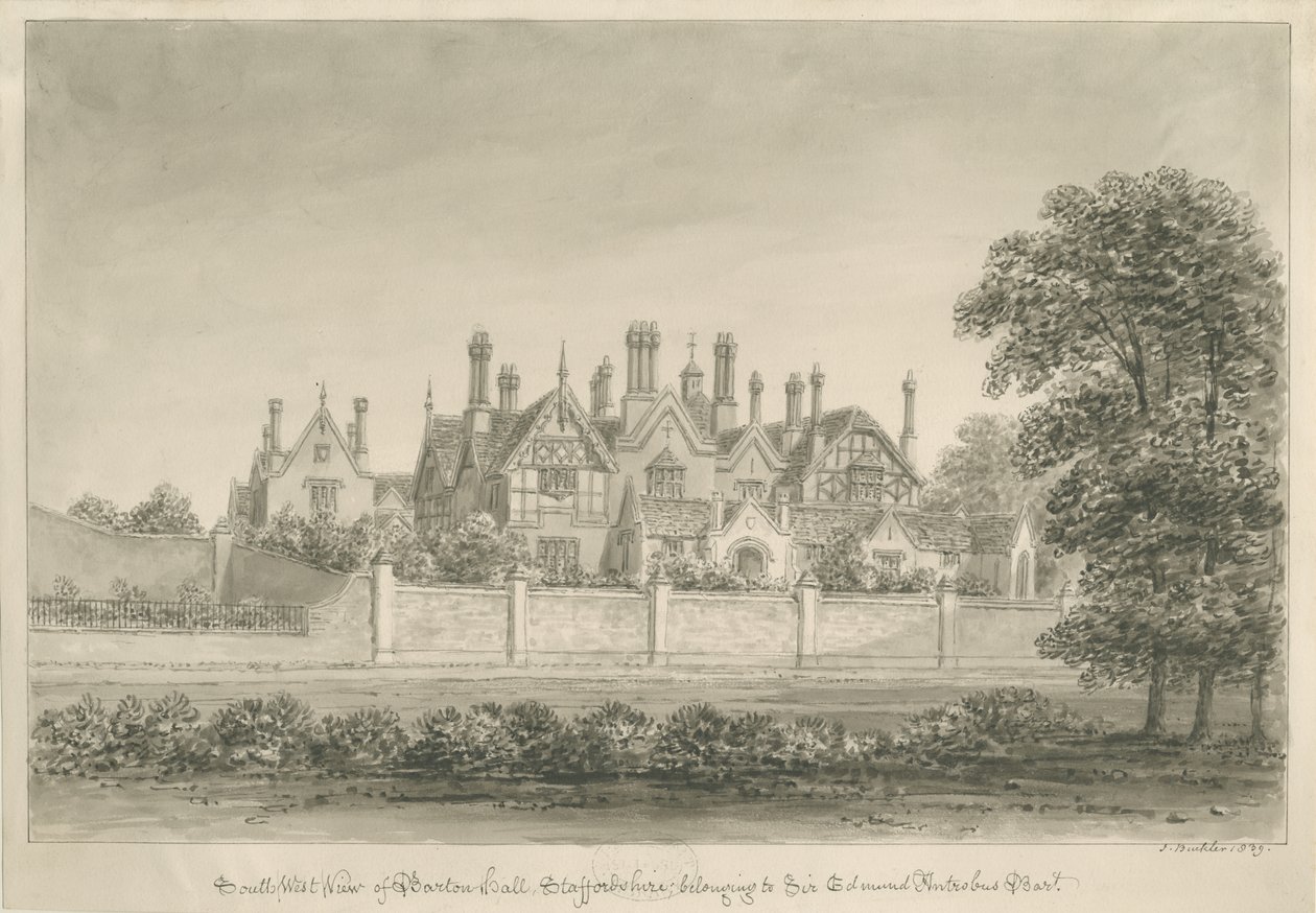 Barton under Needwood - "Barton Hall": sepia-tegning, 1839 av John Buckler