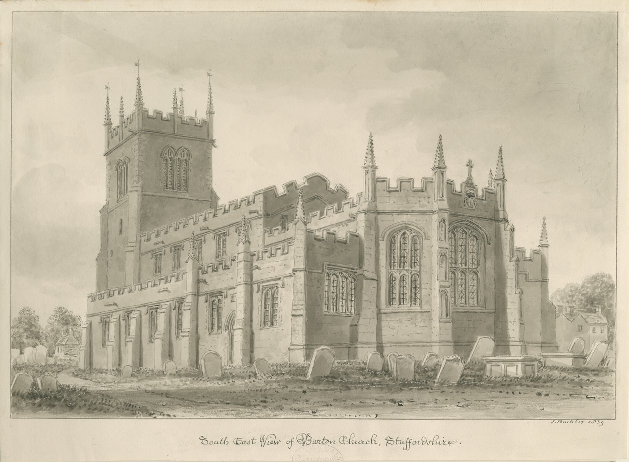 Barton under Needwood Church: sepia-tegning av John Buckler