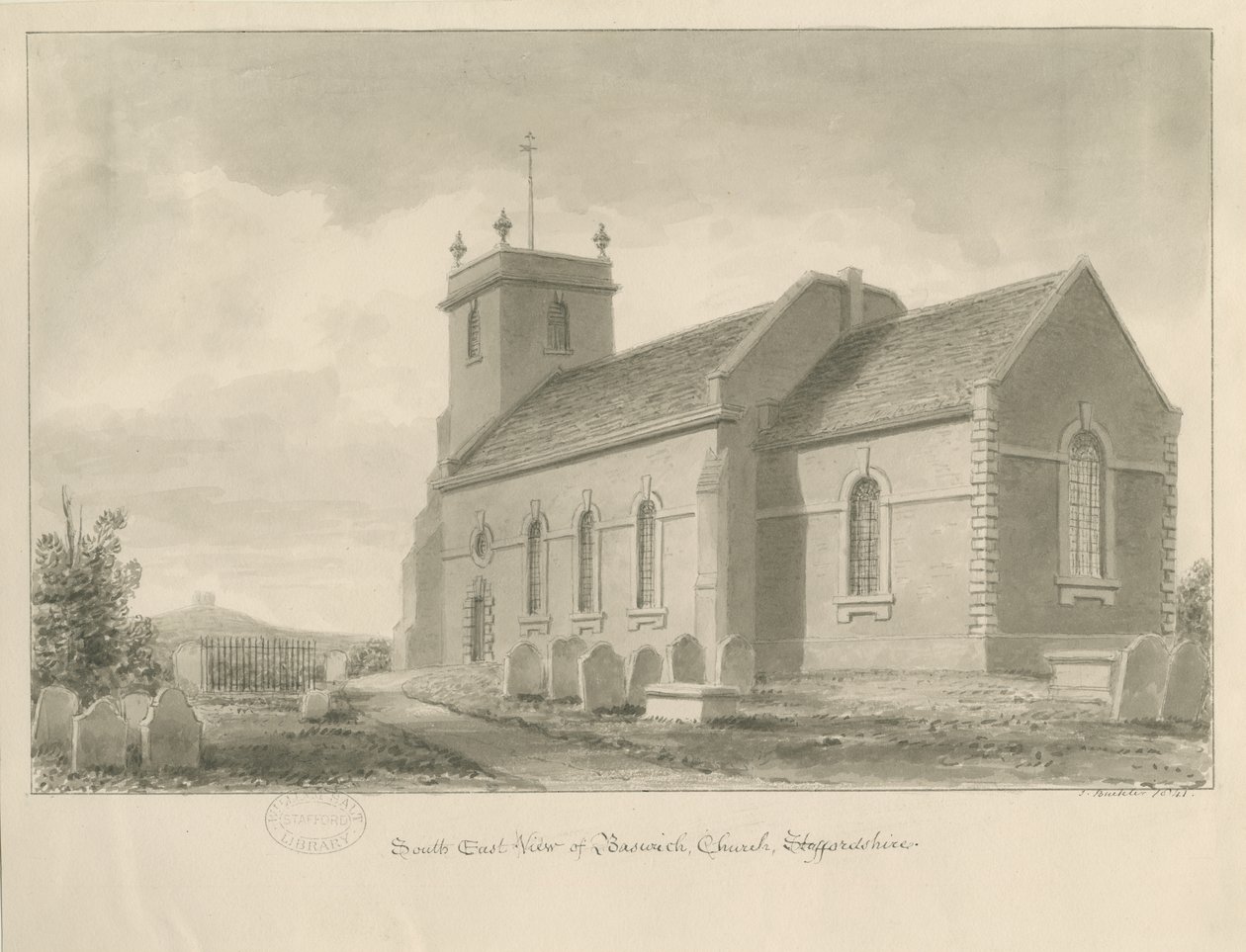 Baswich Church: sepia-tegning, 1841 av John Buckler