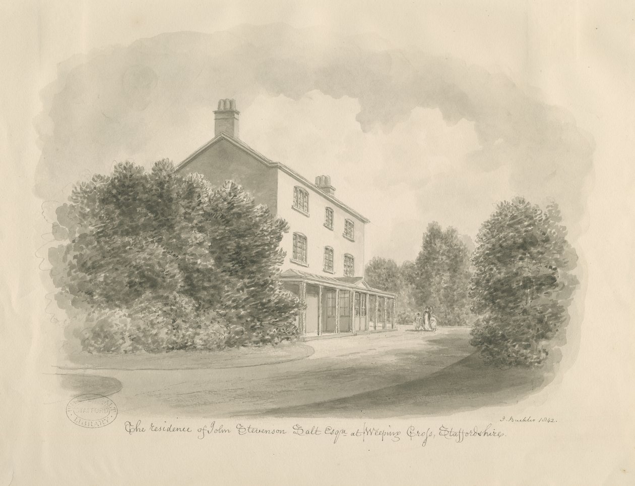 Baswich Village - huset til John Stevenson Salt, Esq. : sepia-tegning, 1842 av John Buckler