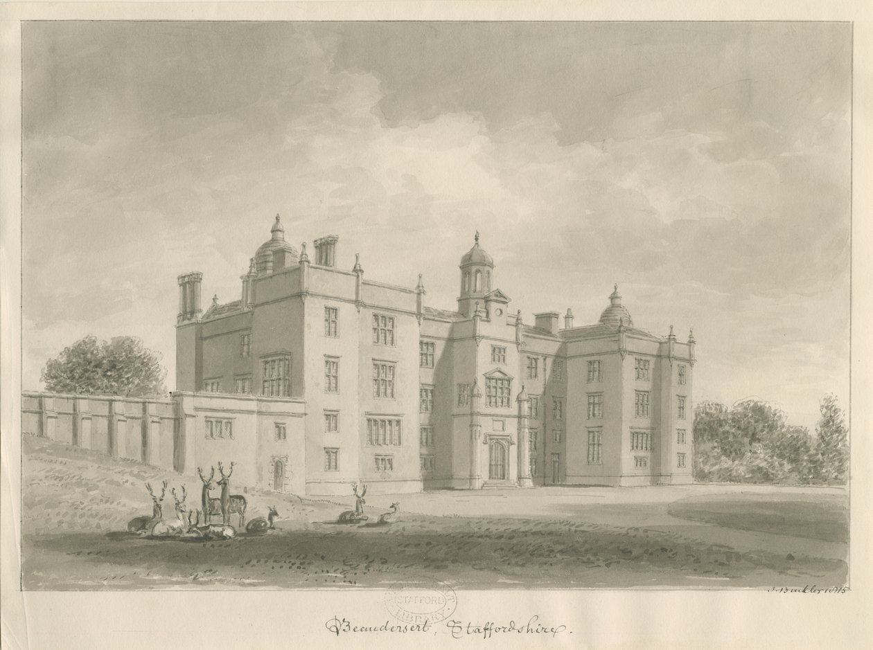 Beaudesert Hall and Park: sepia-tegning av John Buckler