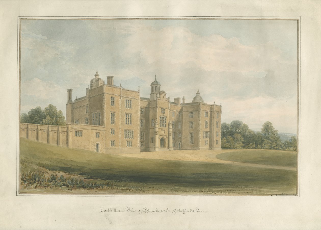 Beaudesert Hall and Park: vannfargemaleri, 1824 av John Buckler
