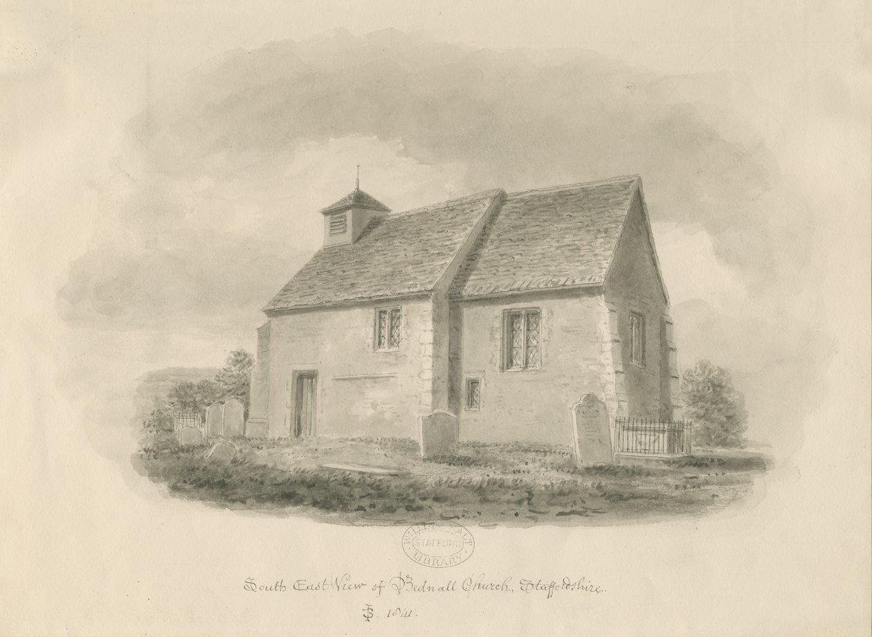 Bednall Church: sepia-tegning, 1841 av John Buckler