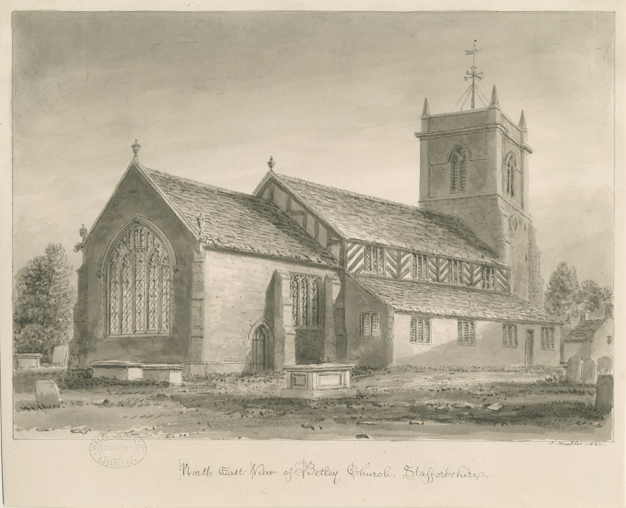 Betley Church: sepia-tegning, 1840 av John Buckler