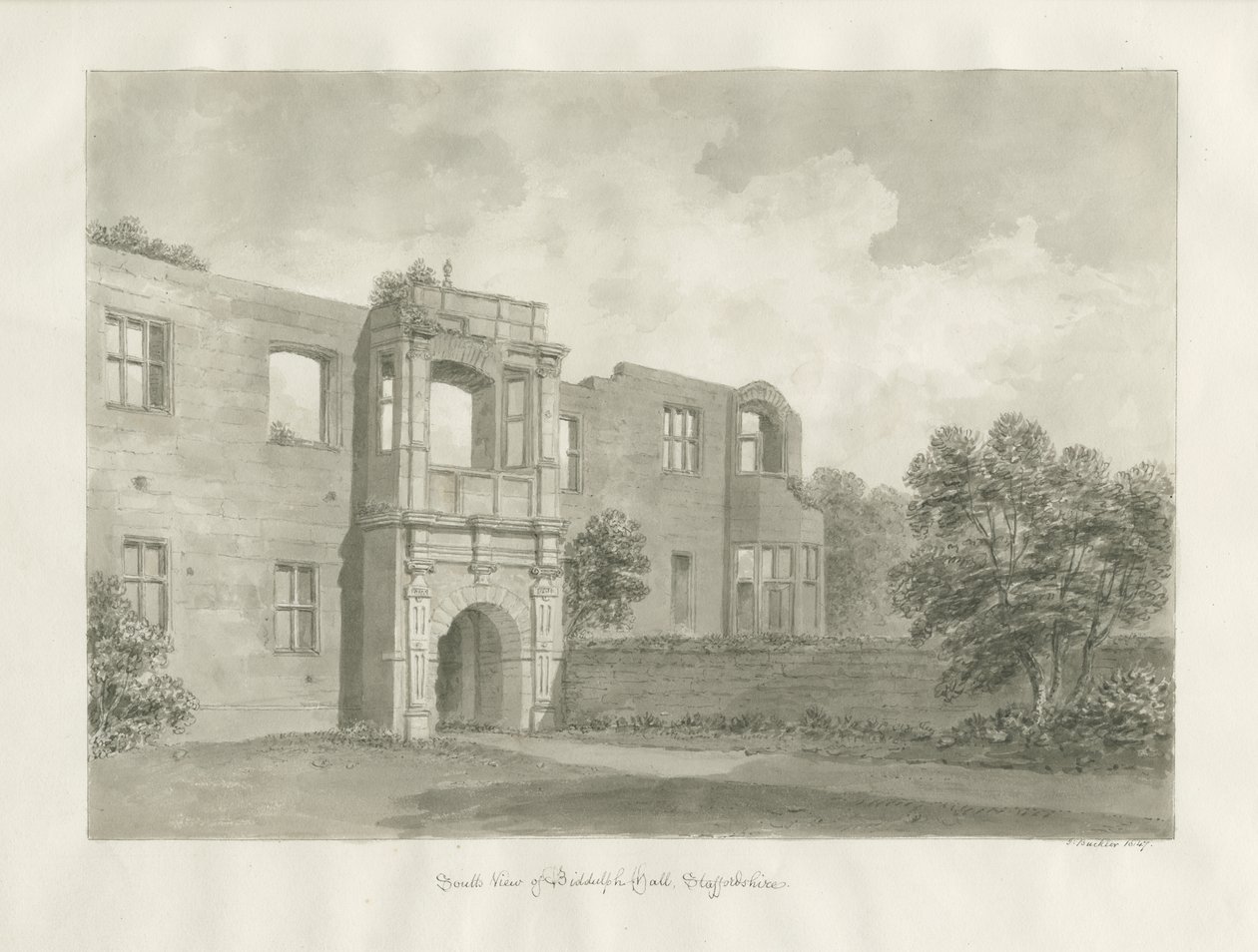 Biddulph Hall (gammel): sepia-tegning av John Buckler