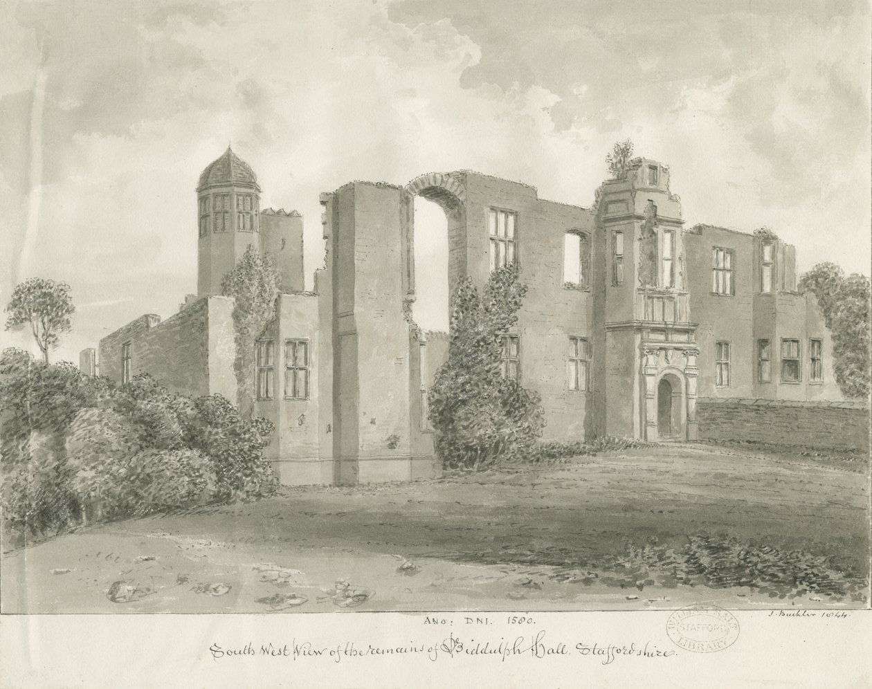 Biddulph Hall (gammel): sepia-tegning av John Buckler