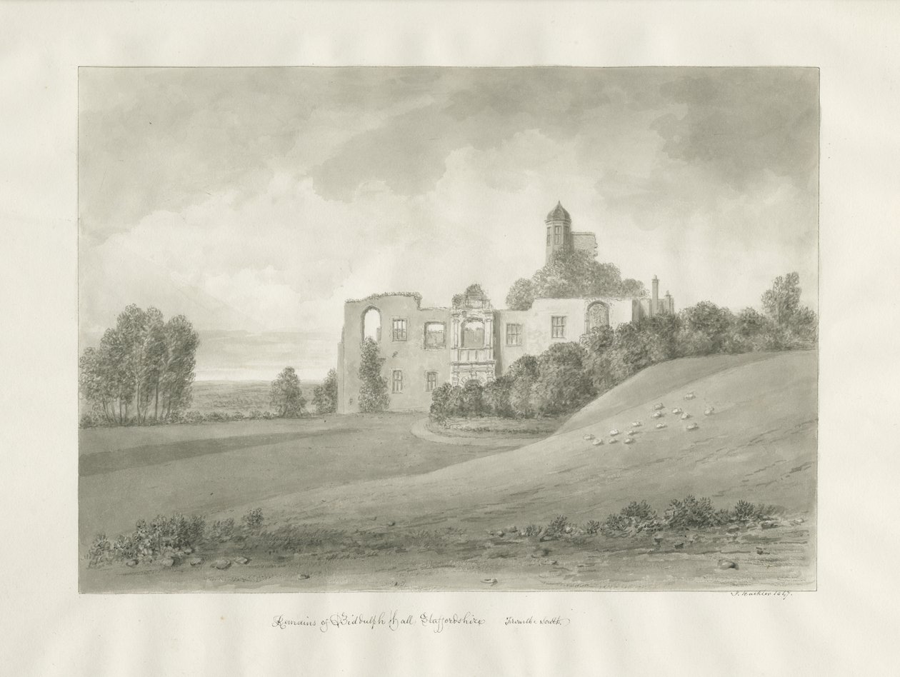 Biddulph Hall (gammel): sepia-tegning av John Buckler