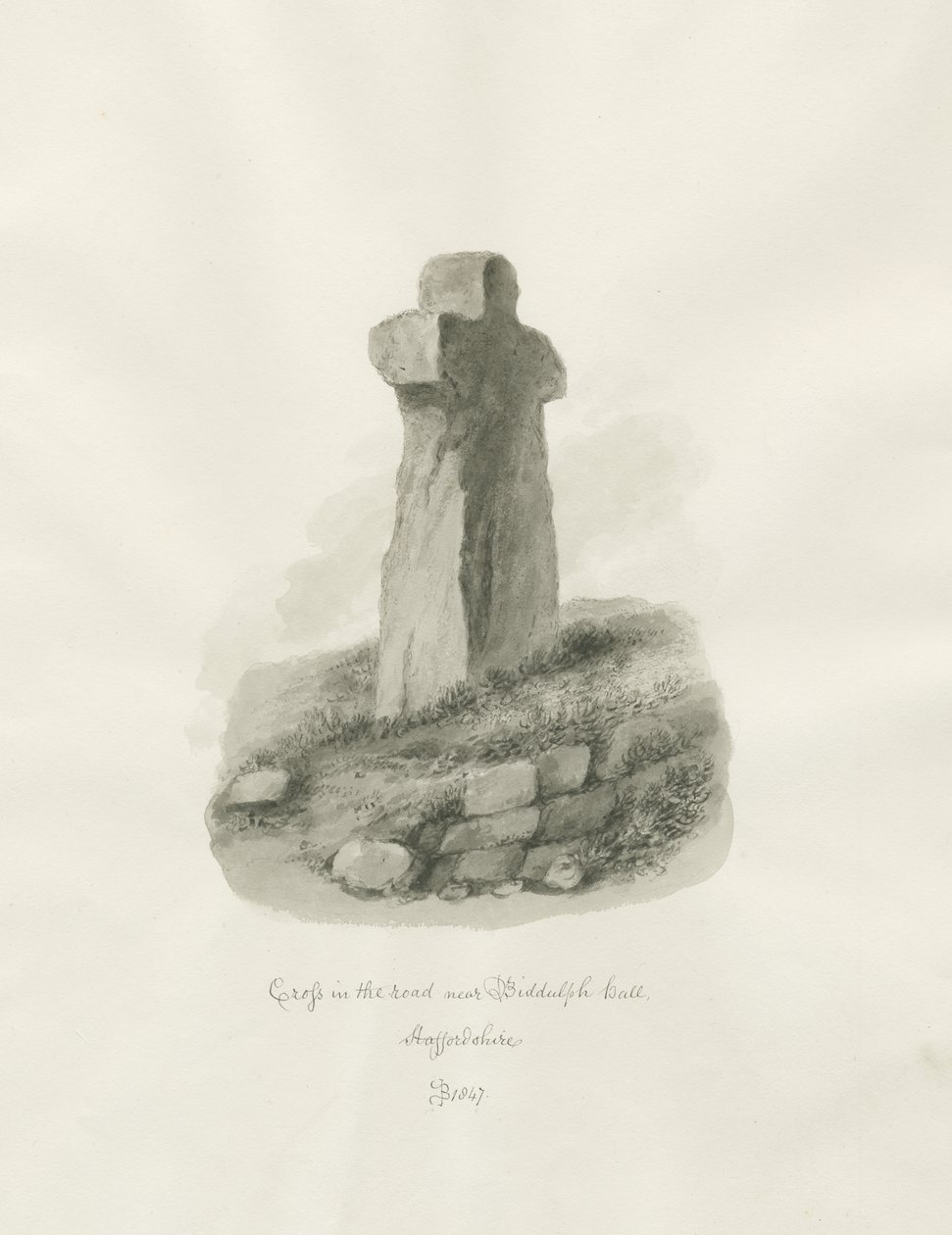 Biddulph Hall - kors : sepia tegning av John Buckler
