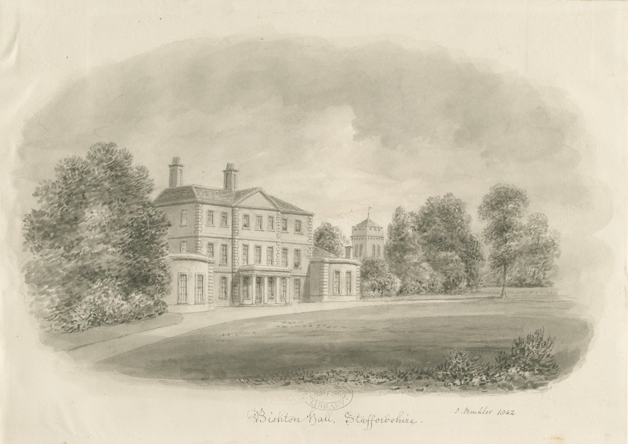 Bishton Hall: sepia-tegning av John Buckler