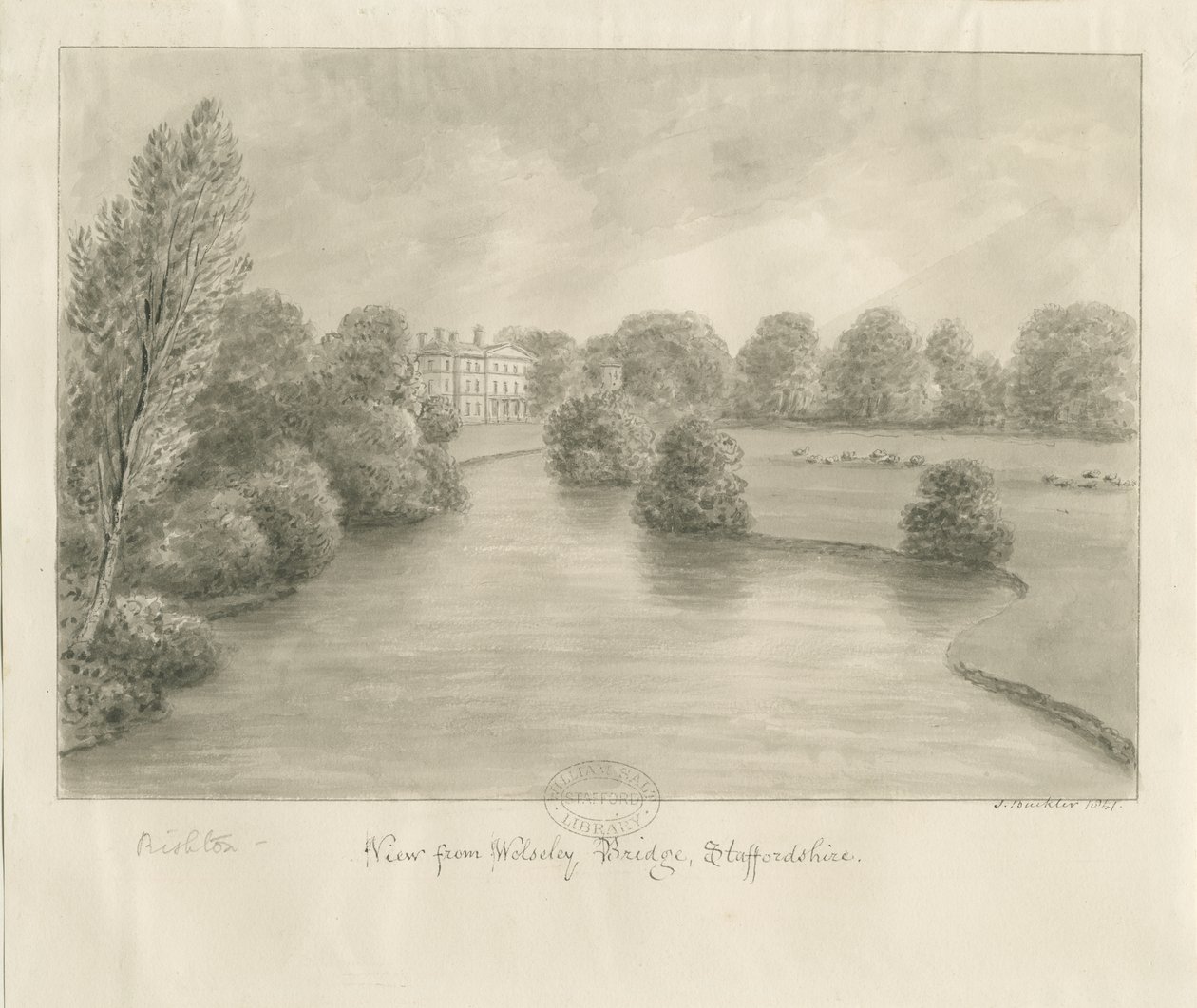 Bishton Hall: sepia-tegning, 1841 av John Buckler